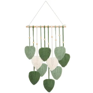 Makramee Wandbehang,Wandteppich Boho Style mit Holzperlen und Blätter,Baumwollblätter in Grün und Weiß,Tapisserie Wanddeko Boho Handgemacht, für OutdoorWohnzimmer,Schlafzimmer,Indoor