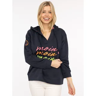 Hoodie ZWILLINGSHERZ "Moin Moin Moin", Damen, Gr. S/M, blau (marine), Jersey, Obermaterial: 50% Baumwolle, 50% Polyester, unifarben mit Farbeinsätzen, hüftbedeckend, V-Ausschnitt, Sweatshirts Hoodie, V-Ausschnitt, bunte Stickerei, Kapuze, Kordelzug
