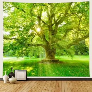 Musihy Natur Wandteppich, 210x140cm Frühling Grüner Baum Natürliche SzenerieWanddeko für Schlafzimmer Wohnzimmer Wohnheim, Gelb-grün