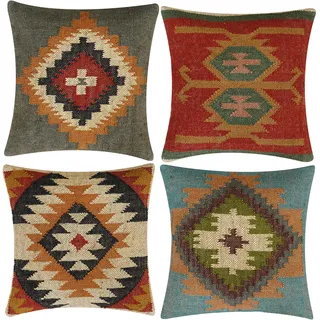 INDACORIFY 4-teiliges Set Kelim-Kissenbezug aus Wolle, Jute, handgewebt, Vintage-Stil, türkisches Kissen, dekorativer Überwurf, Heimdekoration (Muster- 09)