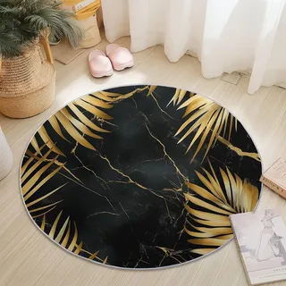 Generisch Runder Teppich Schwarz Gold 90 cm, Waschbar Kurzflor mit Marmor- und Palmblatt-Design, rutschfest Moderner Teppich für Wohnzimmer Schlafzimmer Esszimmer Kinderzimmer Flur