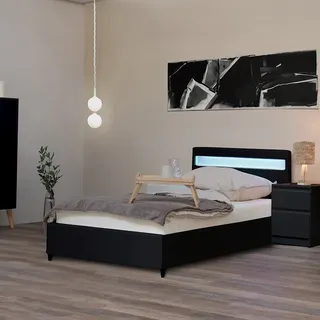 HOME DELUXE - LED Bett NUBE - Schwarz 90 x 200 cm - inkl. Matratze, Lattenrost und Schubladen I Polsterbett Design Bett inkl. Beleuchtung - Schwarz