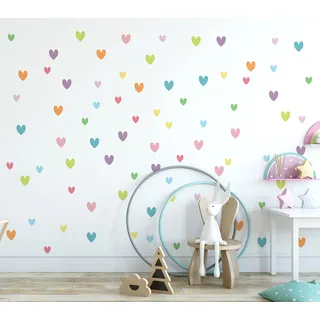 QuoteMyWall 90 Stück pastellfarbene Herz-Wandaufkleber für Kinderzimmer, Kinderzimmer, abziehbar und aufkleben, abnehmbar, Boho-Chic