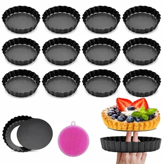 LIULINY Tarteform mit Hebeboden, 12 Stück Törtchenform 10 cm/4 Zoll | Mini Tartelette Förmchen aus Kohlenstoffstahl, Antihaftbeschichtung Quicheform, Tortelettförmchen für Quiche Tarte Pie Stahl