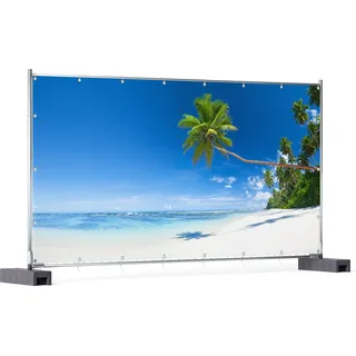 Wallario XXL Outdoor-Poster für Garten oder Balkon, Motiv Weißer Sandstrand am Meer - Ein Traum unter Palmen, in ca. 340 x 173 cm - Blau