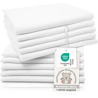 ZOLLNER 10er Set Musselin Spucktücher in 80x80 cm aus Baumwolle - hautfreundliche Mulltücher - besonders weich und extrem saugstark - waschbar bis 95°C - in weiß