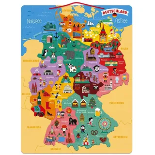 juratoys sas Janod Deutschlandkarte, magnetisch, Puzzle für Kinder aus Holz, 79 magnetische Teile, Entdecken und Merken, Geographie-Lernspiel, ab 7 Jahren, J05477, Brown