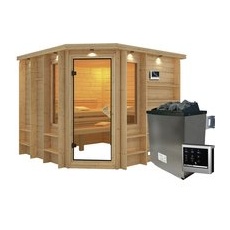 KARIBU Sauna »Windau«, inkl. 9 kW Saunaofen mit externer Steuerung, für 4 Personen - beige