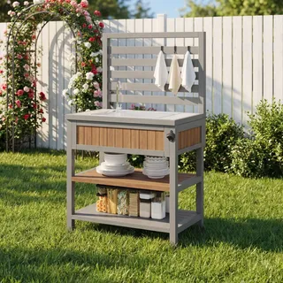 Outdoor Küchenschrank mit Wasserbecken und Wasserhahn Wetterfester Gartenschrank mit Edelstahl Arbeitsfläche Flaschenöffner und Schublade Grau Silber - Naturbelassen