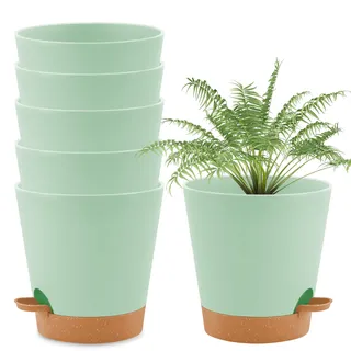wintfarm Blumentopf,20cm 6er Set Pflanztopf mit Bewässerungssystem, Selbstbewässernder Übertopf mit Untersetzer,pflanzkübel Indoor Plants Pot, Blumentöpfe Set Ideal für Innen und Balkongärten (Grün)