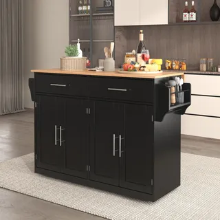 MODFU Sideboard Servierwagen mit klappbarer Tischplatte, 120x46(70)x91 cm, Schrank Buffet mit Rollen und austauschbaren Holzbeinen für Wohnzimmer, Schlafzimmer, Mehrzweckschrank, Schwarz - Schwarz