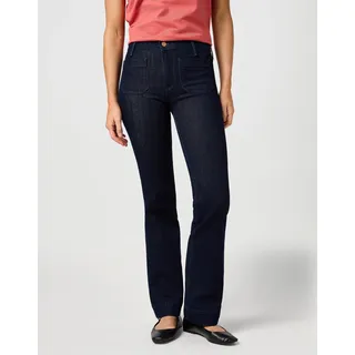 Bootcut-Jeans WRANGLER "Flare", Damen, Gr. 31, Länge 34, blau (soft_moonlight), Denim/Jeans, Obermaterial: 70% Baumwolle, 29% Polyester, 1% Elasthan, ausgestellt lang, Jeans Bootcut-Jeans, im Retro-Design mit ausgestelltem Bein