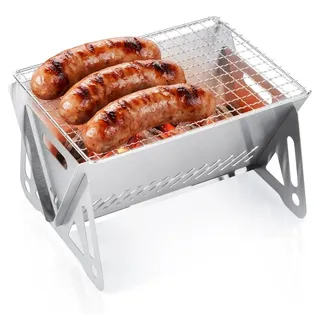 Vilde | Campinggrill Faltbar - 21x16,5x12,5 cm - Mini Holzkohlegrill für Rucksack - Silber