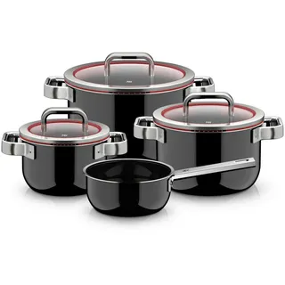 WMF Kochtopfset , Schwarz , Metall , 4-teilig , 16 cm,20 cm,16 cm , 30x33x60 cm , mit Silikonring , Kochgeschirr, Töpfe, Topfsets