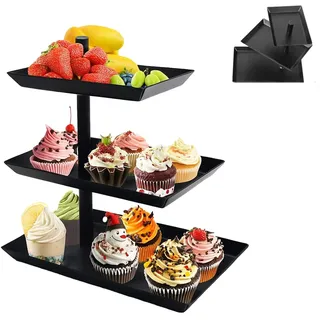 Obst Etagere,3 Etagen Drehbar Obst Tortenständer,360° Rotierend Kuchenschale Snackhalter Ausziehbar, Servierplatte Metall Dessert Tisch für Party Hochzeit Büro,Schwarz