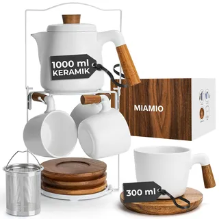 MIAMIO - 1 Liter Keramik-Teekanne-Set mit Siebeinsatz und Tassen/Teesieb, 4 Keramik-Teetassen (300 ml), Bambus-Untersetzer/Henkel für Haus und Büro (Weiß)