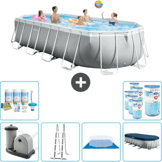 Intex Oval Prism Frame Swimmingpool – 610 x 305 x 122 cm – Grau – inklusive Pumpe – Leiter – Bodenplane – Abdeckung Wartungspaket - Filter