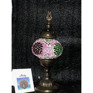 Handgemachte türkische Sfeerlamp mit rosa Perlen und buntem Mosaik – orientalische Tischlampe, 100% einzigartig und sicher