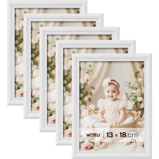 WOLTU Bilderrahmen 13x18cm 5er Set Fotorahmen Holzrahmen mit Passepartout, zum vertikalen oder horizontalen Aufhängen/Aufstellen, Posterrahmen Collage Wanddeko, Weiß