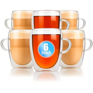BigDean 6 Doppelwandige Latte Macchiato Gläser mit Henkel 300 ml Tassen | Teetasse Thermogläser Teegläser Kaffeegläser in Geschenkverpackung
