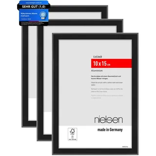 nielsen Bilderrahmen, 10 x 15 cm (3er Set), Aluminium, Schwarz matt, Fotorahmen zum Auftstellen im Hoch- & Querformat, bruchsicheres Kunstglas, Atlanta