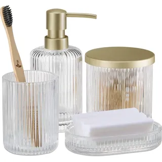 Navaris Badezimmer Set 4-teilig aus Glas - dekoratives Badzubehör mit Zahnputzbecher Seifenspender Seifenschale Glasdose - Bad Accessoires - Gold