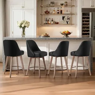 Barhocker Holz mit Lehne 4er Set, 360° Drehbar 65 cm Sitzhöhe Barstühle mit Holzbeinen & Fußstütze, Komfortabler Küchenstühle mit Gepolsterter Sitzfläche aus Leinenstoff
