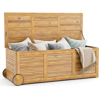 COSTWAY Gartenbox Holz 182L, Gartenbank auf Rollen, Aufbewahrungsbox mit wasserfester Innentasche & Griff, Garten Terrasse Wohnzimmer 127 x 50 x 45 cm