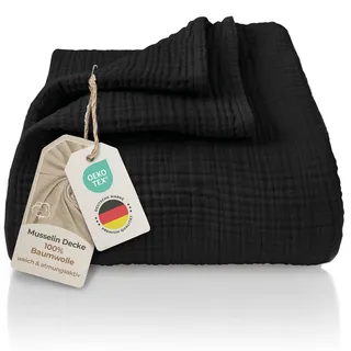 LAYNENBURG Premium Musselin Tagesdecke 220x240 cm XXL - 100% Baumwolle - extraweiche Baumwolldecke als Kuscheldecke, Bett-Überwurf, Sofa-Überwurf, Couch-Überwurf - warme Sofa-Decke (Schwarz)