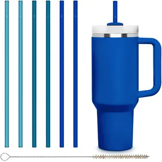 HALM Blaue Glasstrohhalme 6x 30 cm lang für Stanley Cup Quencher Tumbler & Flaschen bis 1,2 Liter + Reinigungsbürste Spülmaschinenfest - Wiederverwendbare Ersatz Strohhalme