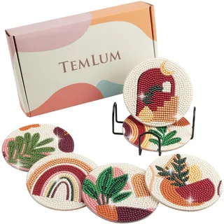 Temlum Diamond Painting Untersetzer mit Halter, 6er Set DIY Untersetzer Diamant Painting Set Basteln Erwachsene (Abstraktes Pflanzen)