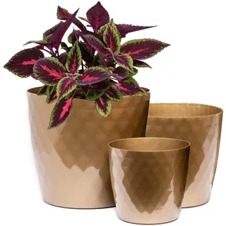 Home Garden Ornaments Blumentopf Gold Set mit 3 Größen 14/16/18 cm - Glänzende Kristalloberfläche Blumentöpfe Innen und Draußen - Pflanztöpfe mit Untersetzer - Pflanzentopf Plastik (Gold)