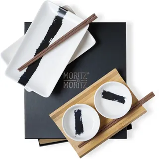 Moritz & Moritz 8-tlg. Sushi Geschirr Set für 2 Personen - Sushi Servierset mit 2x Sushi-Teller, Dip-Schälchen und Stäbchen