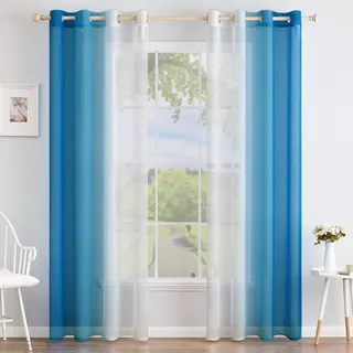MIULEE 2er Set Voile Vorhang Zweifarbiger Vorhang mit Ösen Transparente Gardine Ösenschal Fensterschal Lichtdurchlässig für Schlafzimmer, 140x260cm, Dunkelblau