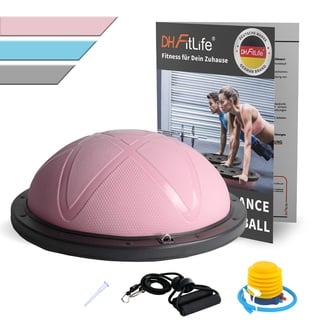 DH FitLife Balance Ball, Yoga Gleichgewichtstrainer Φ60*22cm bis 200 KG belastbar, halber Gymnastikball Fitness Balance Board, Balance-Board mit Pumpe und 2 Fitnessbändern, Rosa