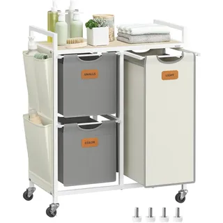 VASAGLE Wäschekorb, Wäschesammler, Wäschesortierer, Rollen, Wäschewagen mit Ablage, kleine seitliche Taschen, 6 Etiketten, 3 Fächer, 100 L, naturbeige-taubengrau-cremeweiß BLH202G01