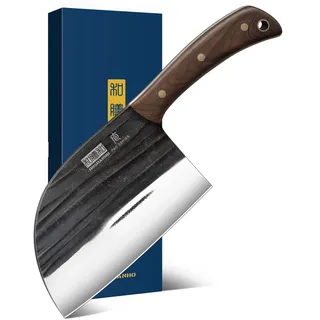 HOSHANHO 17cm Serbisches Kochmesser, Hackmesser aus Kohlenstoffstahl zum Fleischschneiden, Handgefertigtes Geschmiedetes Fleischerbeil, Küchenmesser Metzgermesser mit Durchgehendem für Zuhause Camping