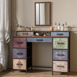 Vintage-Schminktisch mit Blumenmuster, 121 cm – 9 Schubladen und 2 offene Ablagen, Schminktisch aus Holz und Metall, Schwarz - Schwarz