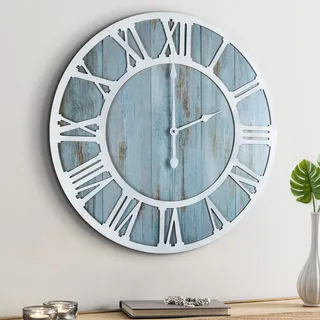 HAITANG Moderne runde Wanduhr aus Holz für Wohnzimmerdekoration, Vintage-Blau, 40 cm, römische Ziffer, geräuschlos, Nicht tickend, zum Aufhängen, für Zuhause, Garten, Büro, Café,Roomph-Dekoration