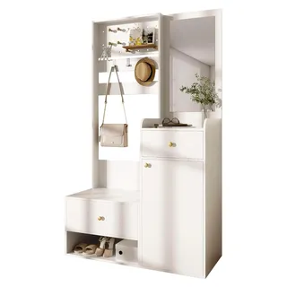 Garderobenset, Kompaktgarderobe mit Spiegel – Moderne Flurgarderobe mit Sitzbank, verstellbaren Haken und Schuhablage - Weiß