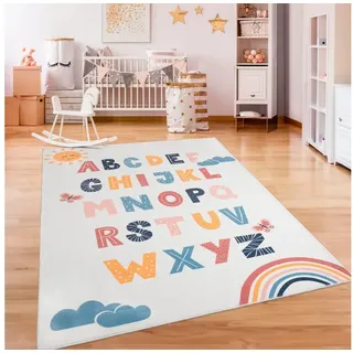 Paco Home Teppich Kinderzimmer Kinderteppich Spielteppich Kurzflor rutschfest Krone Herzen Punkte Sonne Regenbogen Buchstaben, Grösse:120x160 cm, Farbe:Bunt