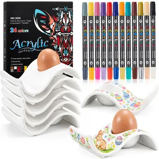 Sinmoe 6er Eierbecher Keramik Ostern Eierbecher zum Bemalen Porzellan Weiss mit 12 Stück 24 Farben Porzellanstifte Ostergeschenke DIY Keramik Bemalen Set für Ostern Frühling