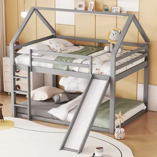okwish Etagenbett mit 1*Matratze 140x200 Kinderbett Jugendbett mit Rutsche und Treppe,Hausbett aus massiver Kiefer,Grau - Grau