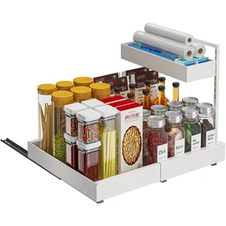 YunNasi Schrank Organizer Küche, 2 Etagen Unterschrank Organizer, Ausziehbare Schublade Küche, Erweiterbar Schrankregal für Bad, Gewürzregal (Weiß)