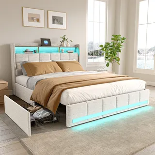 Bett 140x190 cm mit LED-Beleuchtung und USB, 4 Schubladen und Stauraum am Kopfteil, Leinen, beige - Beige
