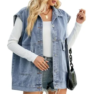 Frotox GeknöPfte Gewaschene Jeansjacken äRmellose Poket Insgram Weste VerküRzte Distressed Oversize Jeansweste