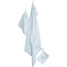 Bild Handtuch Set 'Little Stars' für Babys - 3 teiliges Kapuzenhandtuch für Kinder - Handtuch + 2x Waschlappen - Frotee Baumwolle - Weiß / Stern Motiv