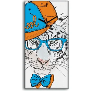 Leinwand Wanduhr Wandkunst Uhr 30x60 Foto Wand Tier Katze Tiger mit Brille - schwarze Hände - Weiß