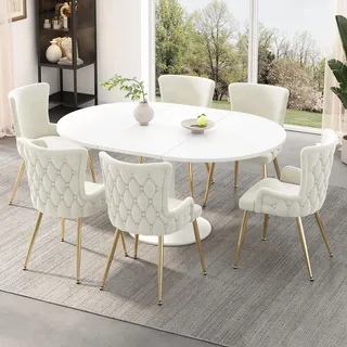 Samtstuhl 6er Set Beige, Esszimmerstuhl Goldene Beine, Polsterstuhl Samt, Küchenstuhl Set 6, Luxus Sessel Wohnzimmer, moderner Loungestuhl, Schminktisch Stuhl Samt, Samtsessel Beige, Designerstuhl Metallbeine, Esszimmersessel Set, Samtpolsterstuhl Gold, bequemer Samtstuhl, elegante Esszimmerstühle. - Beige
