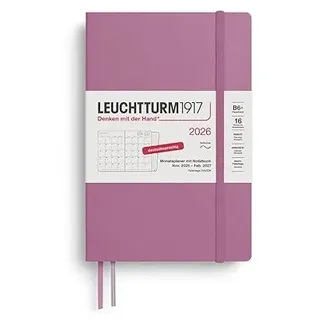 Leuchtturm1917 Monatsplaner & Notizbuch Paperback (B6+) 2026, 16 Monate (01 November 2025-28. Februar 2027), Softcover, Dusty Rose,